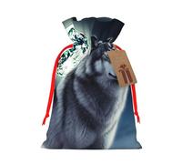 BWLHJKE - Wolf Under The Moon Christmas Gift Bag, Christmas Drawstring Burlap Gift Bag with Tag and Tie, Small Christmas Bags for Gifts, Reusable Bag for