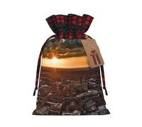 BWLHJKE York City Sunset Picture Christmas Gift Bag Burlap Xmas Drawstring Gift Sack with Tag & Tie, Buffalo Plaid Christmas Bags for Gifts, Reusable Gift Wrapping Bag Holiday Party Favors