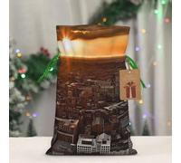 BWLHJKE York City Sunset Picture Christmas Gift Bag Burlap Xmas Drawstring Gift Sack with Tag & Tie, Medium Christmas Bags for Gifts, Reusable Gift Wrapping Bag for Holiday Party Favors