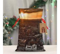 BWLHJKE York City Sunset Picture Christmas Gift Bag Burlap Xmas Drawstring Gift Sack with Tag & Tie, Small Christmas Bags for Gifts, Reusable Gift Wrapping Bag for Holiday Party Favors