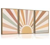Bwodke Boho Wall Art, Framed Abstract Wall Art, Sun Rising on the Horizon Neutral Canvas Wall Decor, Mid Century Geometric Pictures Set of 3, Minimalist Paintings, for Bedroom Living Room Bathroom 16