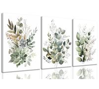 Bwodke Botanical Wall Art Plant Floral Watercolor Poster Canvas Prints Set of 3 Framed Sage Green Painting Eucalyptus Leaf Picture Modern Minimalist Home Decor Bedroom Bathroom Living Room 16"x24"