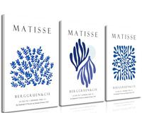 Bwodke Framed Matisse Navy Blue Leaf Canvas Wall Art Print Poster 3 Pack Minimalist Flower Market Painting Stylish Picture Abstract Aesthetic Wall Decor Painting Living Room Bedroom Bathroom (Blue,
