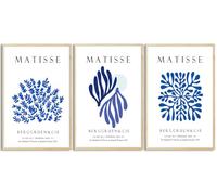 Bwodke Matisse Navy Blue Leaf Canvas Wall Art Print Poster 3 Pack Minimalist Flower Market Painting Picture Abstract Aesthetic Wall Decor Painting Living Room Bedroom Bathroom (Blue, 12x16in Unframed)