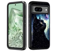 BWOOLL Designed for Google Pixel 8a Case, Heavy Duty 3 in 1 Hybrid Hard PC & Soft Silicone Shockproof Drop Protection Case for Google Pixel 8a 2024, Black Cat and Butterfly