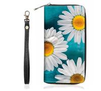 BWOOLL Live Laugh Love Inspirational Quote Print Wallet for Women Large Capacity Wallet Credit Card Holder PU Leather Zipper Clutch Purse Phone Wallet, Daisy Flowers Bloom, Casual