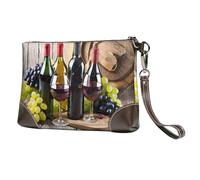 BWPDPXFJ Art Red Wine Galsses and Grapes -Print Leather Clutch For Women, Handmade Genuine Leather Wristlet With Metal Zipper, Stylish Convertible Clutch Purse For Evening & Travel.
