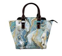 BWPDPXFJ Azurite Teal and Foil Gold Oil Marble Pattern -Print Leather Crossbody Bag With Rivets, Adjustable Strap, Multiple Pockets For Women, School Office Travel.