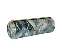 BWPDPXFJ Azurite Teal and Foil Gold Oil Marble -Print Eco-Friendly Leather Pencil Case/Zipper - Compact Cylinder Organizer for School, Office & Travel