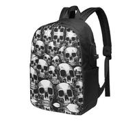 BWPDPXFJ Black and White Human Skull -Print 17-Inch Laptop Backpack For Students & Commuters, Water-Resistant Polyester, Lightweight Ergonomic Hiking & Travel Backpack With Laptop Sleeve.