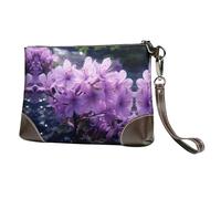 BWPDPXFJ Blooming Purple Flowers -Print Leather Clutch For Women, Handmade Genuine Leather Wristlet With Metal Zipper, Stylish Convertible Clutch Purse For Evening & Travel.
