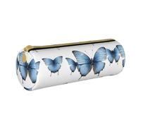 BWPDPXFJ Blue Butterfly On Blossom Flower -Print Eco-Friendly Leather Pencil Case/Zipper - Compact Cylinder Organizer for School, Office & Travel