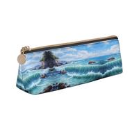 BWPDPXFJ Blue Sea Landscape -Print Triangular Leather Pencil Case - Eco-Friendly Crossgrain Organizer W/Premium Zipper for School, Office & Travel