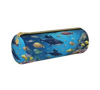 BWPDPXFJ Blue Underwater Fish -Print Eco-Friendly Leather Pencil Case/Zipper - Compact Cylinder Organizer for School, Office & Travel