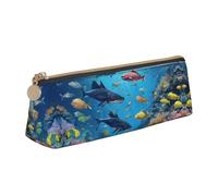 BWPDPXFJ Blue Underwater Fish -Print Triangular Leather Pencil Case - Eco-Friendly Crossgrain Organizer W/Premium Zipper for School, Office & Travel