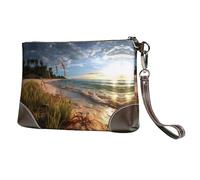 BWPDPXFJ Calm Coastal Scene -Print Leather Clutch For Women, Handmade Genuine Leather Wristlet With Metal Zipper, Stylish Convertible Clutch Purse For Evening & Travel.
