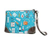 BWPDPXFJ Cartoon medicine pattern -Print Leather Clutch For Women, Handmade Genuine Leather Wristlet With Metal Zipper, Stylish Convertible Clutch Purse For Evening & Travel.