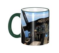 BWPDPXFJ Ceramic Mug, 330ml, Dark Green, Microwave Safe and Heat Resistant, Airplane Cockpit Print, Home and Office Use