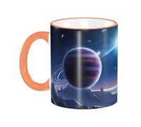 BWPDPXFJ Ceramic Mug, 330ml, Orange, Microwave Safe and Heat Resistant, Space Planet Print, Home and Office Use