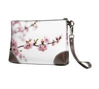 BWPDPXFJ Cherry Blossoms Tree -Print Leather Clutch For Women, Handmade Genuine Leather Wristlet With Metal Zipper, Stylish Convertible Clutch Purse For Evening & Travel.