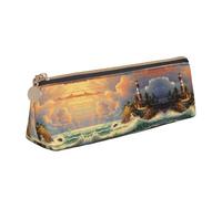 BWPDPXFJ Coast Wave and House -Print Triangular Leather Pencil Case - Eco-Friendly Crossgrain Organizer W/Premium Zipper for School, Office & Travel