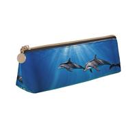 BWPDPXFJ Dolphins in The sea -Print Triangular Leather Pencil Case - Eco-Friendly Crossgrain Organizer W/Premium Zipper for School, Office & Travel