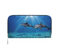 BWPDPXFJ Dolphins in The sea -Print Women's Black Leather Wallet with Zip -Pocket & Wristlet for Travel, Daily Use.