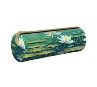 BWPDPXFJ Dragonfly with Water Lily -Print Eco-Friendly Leather Pencil Case/Zipper - Compact Cylinder Organizer for School, Office & Travel