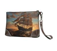 BWPDPXFJ fantasy pirate ship -Print Leather Clutch For Women, Handmade Genuine Leather Wristlet With Metal Zipper, Stylish Convertible Clutch Purse For Evening & Travel.