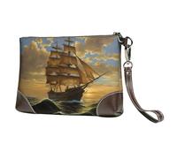BWPDPXFJ fantasy pirate ship print -Print Leather Clutch For Women, Handmade Genuine Leather Wristlet With Metal Zipper, Stylish Convertible Clutch Purse For Evening & Travel.