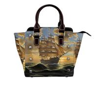 BWPDPXFJ fantasy pirate ship print -Print Leather Crossbody Bag With Rivets, Adjustable Strap, Multiple Pockets For Women, School Office Travel.