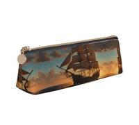 BWPDPXFJ Fantasy Pirate Ship -Print Triangular Leather Pencil Case - Eco-Friendly Crossgrain Organizer W/Premium Zipper for School, Office & Travel
