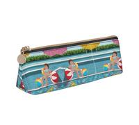 BWPDPXFJ Flamingo and Swimming Pool -Print Triangular Leather Pencil Case - Eco-Friendly Crossgrain Organizer W/Premium Zipper for School, Office & Travel