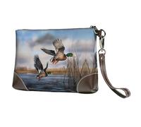 BWPDPXFJ Hunting Flying Wild Ducks -Print Leather Clutch For Women, Handmade Genuine Leather Wristlet With Metal Zipper, Stylish Convertible Clutch Purse For Evening & Travel.