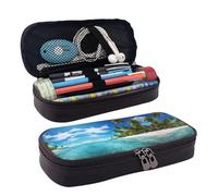 BWPDPXFJ Island with Sandy Beach and Palm Tree -Print Personalized Leather Pencil Case for Students, Compact Stylish Organizer with Zipper Closure Pouch.