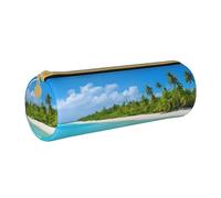 BWPDPXFJ Island with Sandy Beach and Palm Tree Print -Print Eco-Friendly Leather Pencil Case/Zipper - Compact Cylinder Organizer for School, Office & Travel
