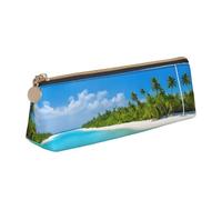 BWPDPXFJ Island with Sandy Beach and Palm Tree Print -Print Triangular Leather Pencil Case - Eco-Friendly Crossgrain Organizer W/Premium Zipper for School, Office & Travel