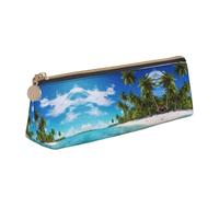 BWPDPXFJ Island with Sandy Beach and Palm Tree -Print Triangular Leather Pencil Case - Eco-Friendly Crossgrain Organizer W/Premium Zipper for School, Office & Travel
