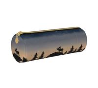 BWPDPXFJ Moose Mountain Pine Tree Wilderness -Print Eco-Friendly Leather Pencil Case/Zipper - Compact Cylinder Organizer for School, Office & Travel