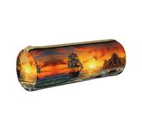 BWPDPXFJ Pirate Ship in The Sunset -Print Eco-Friendly Leather Pencil Case/Zipper - Compact Cylinder Organizer for School, Office & Travel