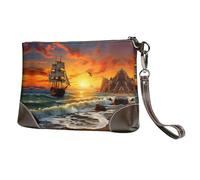 BWPDPXFJ pirate ship in the sunset -Print Leather Clutch For Women, Handmade Genuine Leather Wristlet With Metal Zipper, Stylish Convertible Clutch Purse For Evening & Travel.