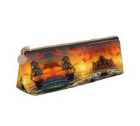 BWPDPXFJ Pirate Ship in The Sunset -Print Triangular Leather Pencil Case - Eco-Friendly Crossgrain Organizer W/Premium Zipper for School, Office & Travel