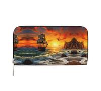 BWPDPXFJ Pirate Ship in The Sunset -Print Women's Black Leather Wallet with Zip -Pocket & Wristlet for Travel, Daily Use.