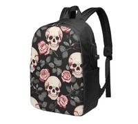 BWPDPXFJ Purple Rose Skull -Print 17-Inch Laptop Backpack For Students & Commuters, Water-Resistant Polyester, Lightweight Ergonomic Hiking & Travel Backpack With Laptop Sleeve.