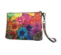 BWPDPXFJ Rainbow Flowers -Print Leather Clutch For Women, Handmade Genuine Leather Wristlet With Metal Zipper, Stylish Convertible Clutch Purse For Evening & Travel.