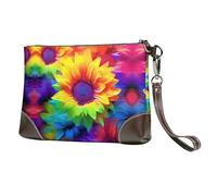 BWPDPXFJ Rainbow Sunflower -Print Leather Clutch For Women, Handmade Genuine Leather Wristlet With Metal Zipper, Stylish Convertible Clutch Purse For Evening & Travel.
