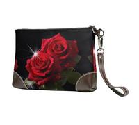 BWPDPXFJ Red Roses -Print Leather Clutch For Women, Handmade Genuine Leather Wristlet With Metal Zipper, Stylish Convertible Clutch Purse For Evening & Travel.