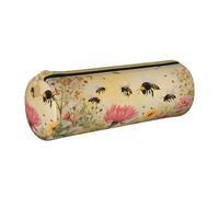 BWPDPXFJ Rural Bees Wildflowers -Print Eco-Friendly Leather Pencil Case/Zipper - Compact Cylinder Organizer for School, Office & Travel