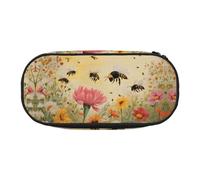 BWPDPXFJ Rural Bees Wildflowers -Print Professional Large Pencil Case with Compartments - Oxford Fabric Organizer for School Supplies, Travel & Office Storage.