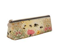 BWPDPXFJ Rural Bees Wildflowers -Print Triangular Leather Pencil Case - Eco-Friendly Crossgrain Organizer W/Premium Zipper for School, Office & Travel